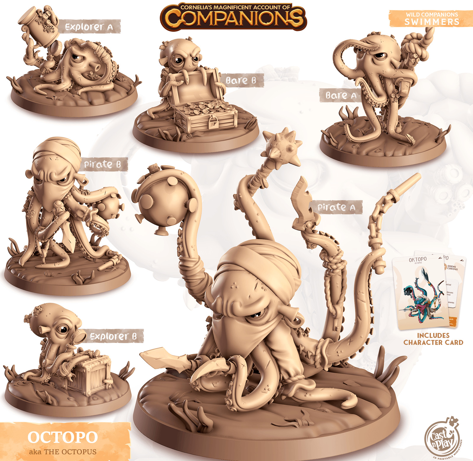 3D Printed Cast n Play Oktopo - Octopus Companions 28mm 32mm D&D