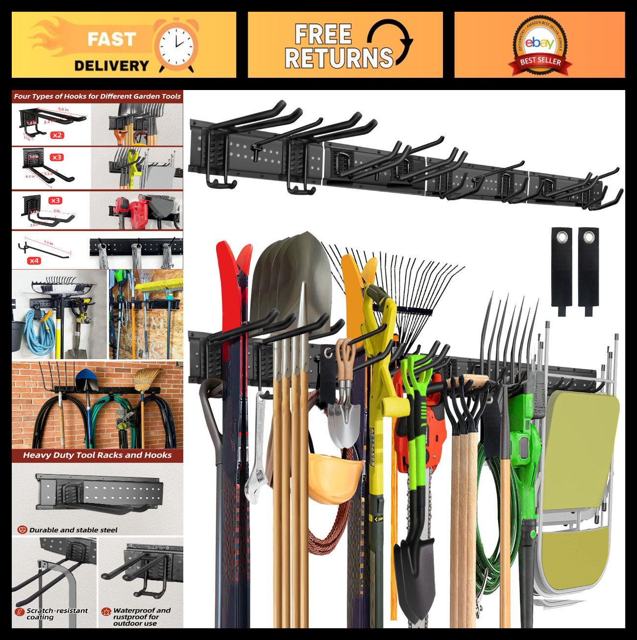 Wall-Mounted Garage Tool Organizer Rack, 64in, 560LBS Capacity, 12 Hooks, Rustpr