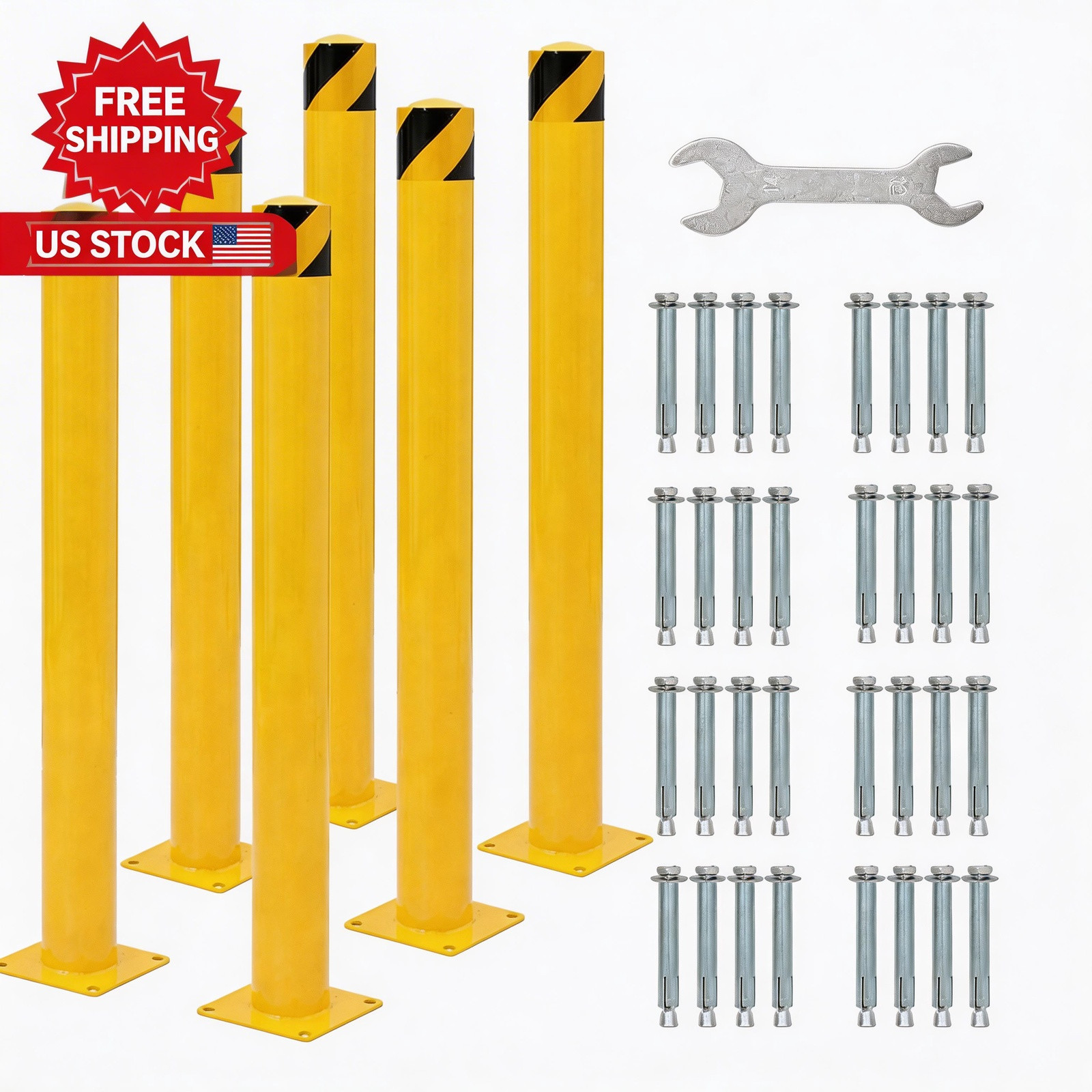 6 Pack Safety Bollards - 42 Inch Reliable Yellow Steel Bollard Posts, 4.5 Inch