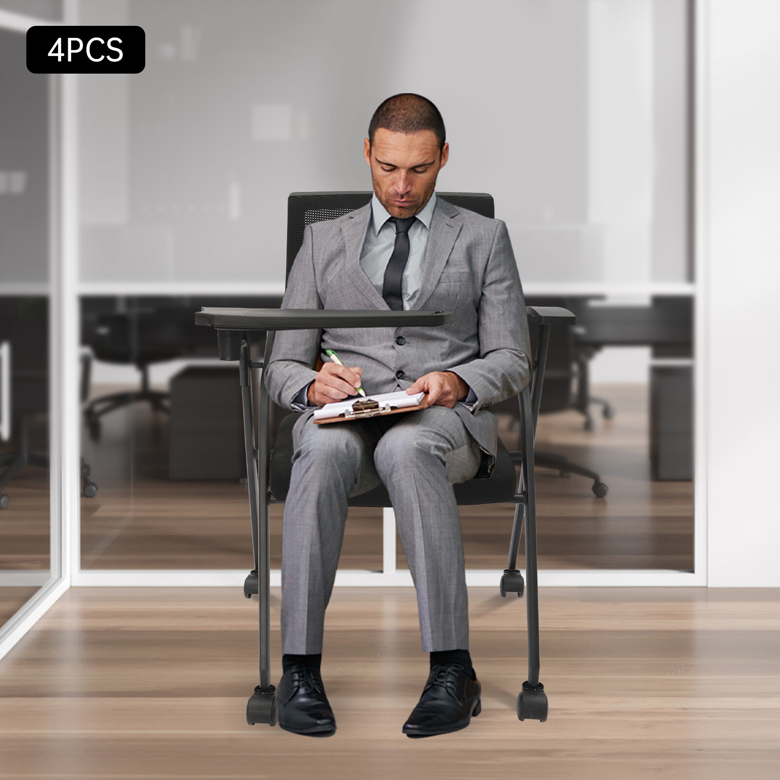 4 Pack Foldable Office Chairs with Tablet Arm, Black Mesh Collapsible Desk Chair