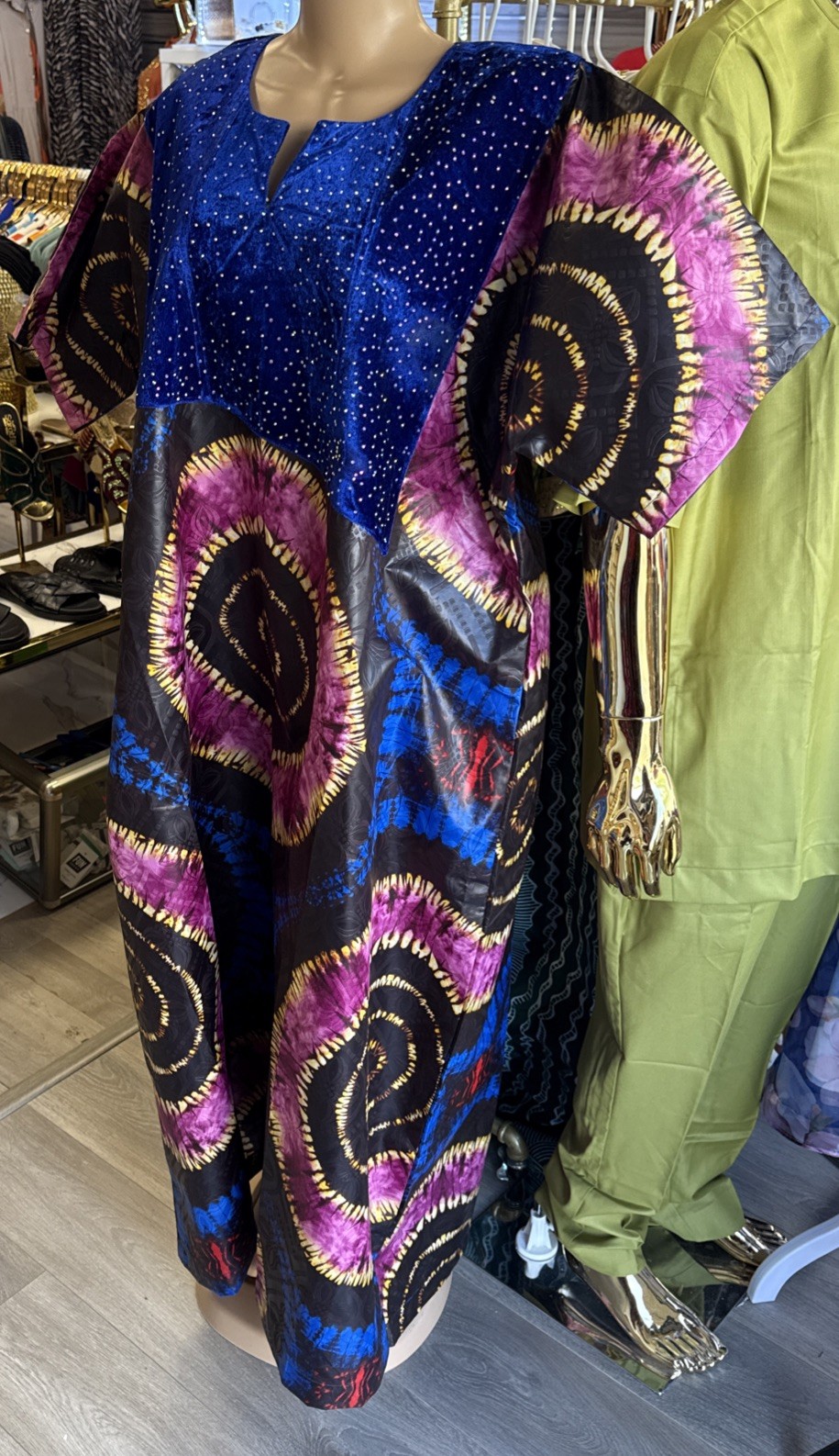 Women’s Tie Dye African Print Dashiki Dress Rainbow Bubu Style With Satin Stones
