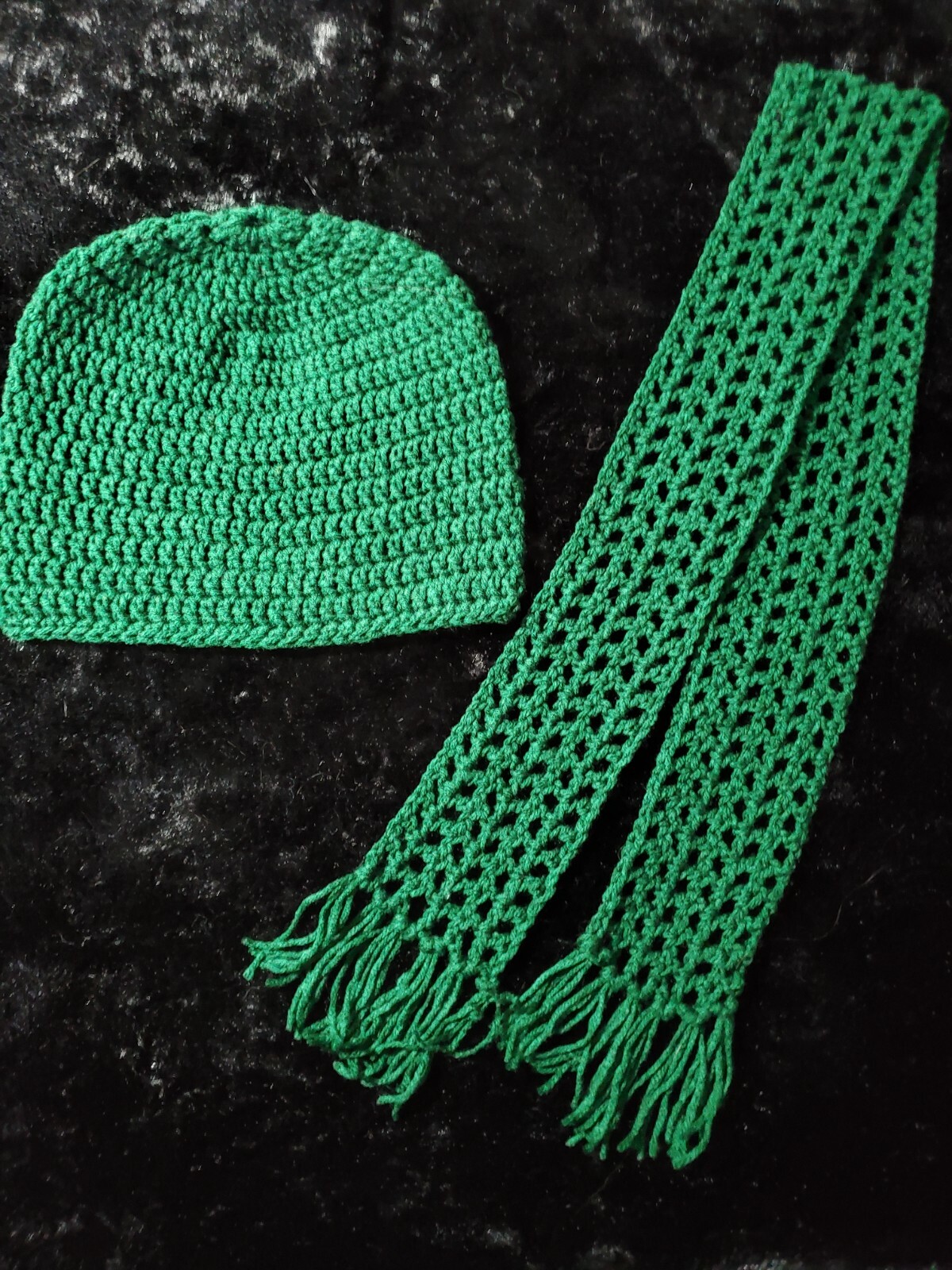 Adult Unisex Handmade Crochet Hat Beanie and Scarf Set Dark Green Color