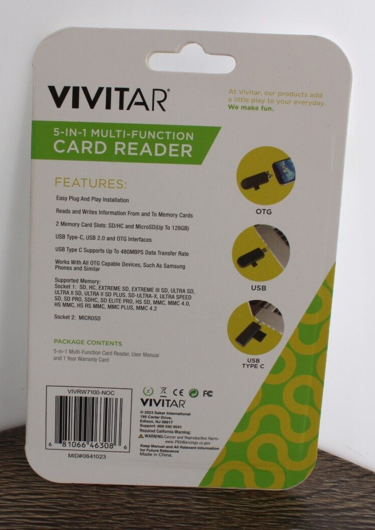 Brand New Vivitar Connect It 5 in 1 Multi Function Card Reader OTG USB USB-C