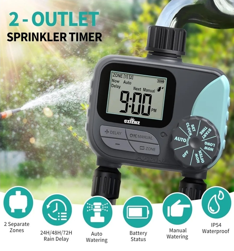 2 outlet Sprinkler Timer Water Timer, Programmable with rain delay Manual/Auto