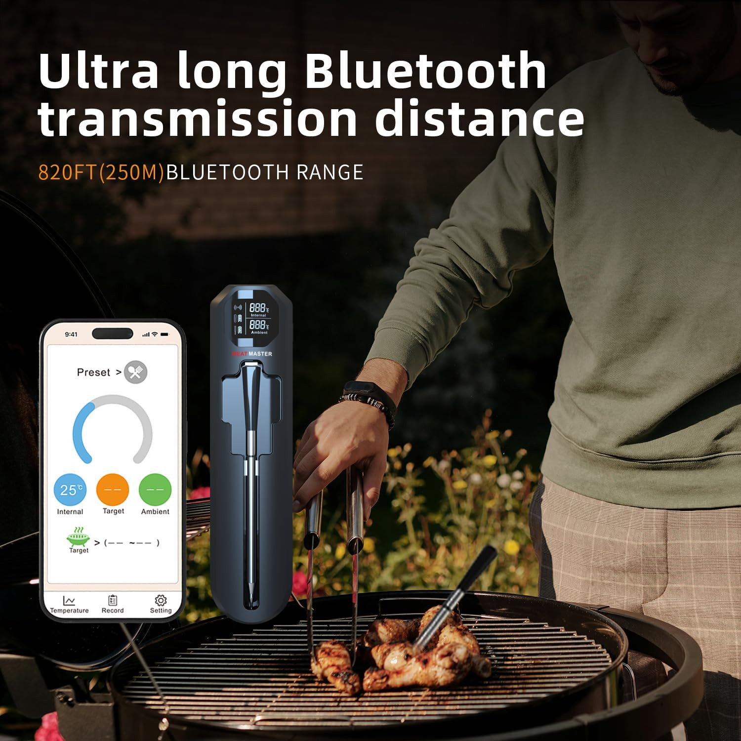 Wireless Bluetooth Meat Thermometer for Grill, Smoker, BBQ, Oven – 820Ft Range,