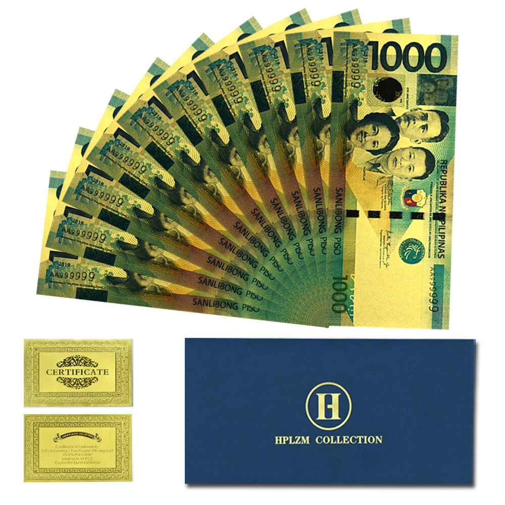 10pcs in Envelope 2010 Years Philippines 1000 Peso Gold Foil Plastic Banknotes