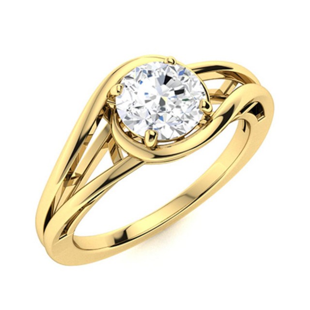 Solitaire 5MM Round White Topaz 925 Sterling Silver Gold Plated Split Shank Ring