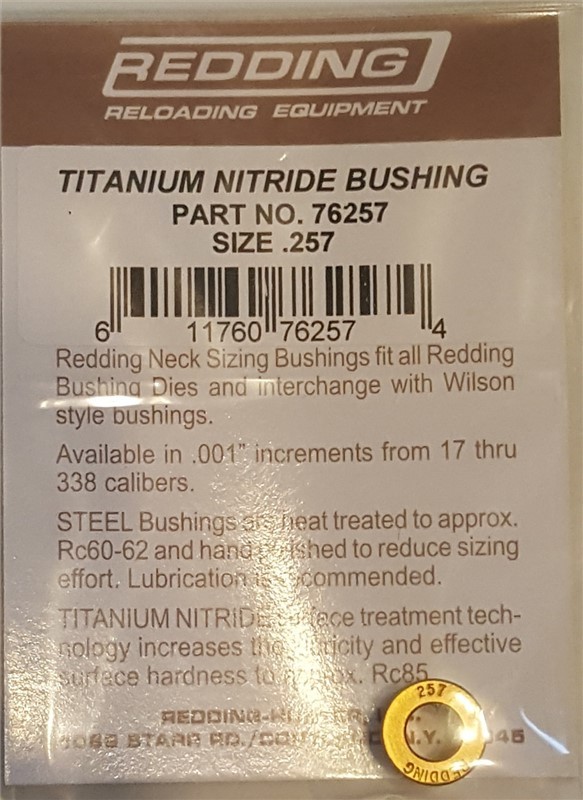 76257 REDDING TITANIUM NITRIDE .257 NECK SIZE BUSHING - BRAND NEW - FREE SHIP