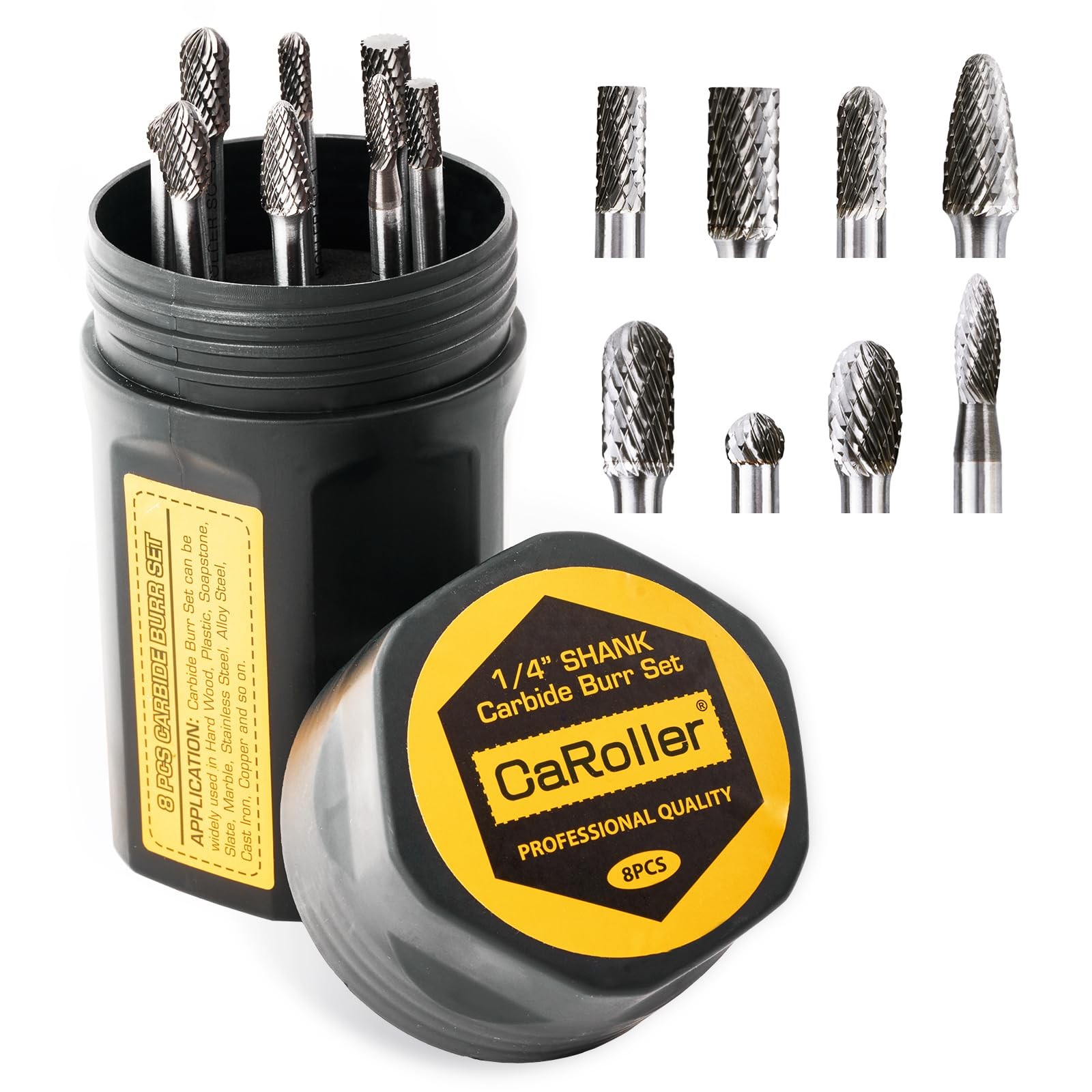 CaRoller Carbide Burr Set, 1/4" Shank 8PC Double Cut Die 1/4 shank