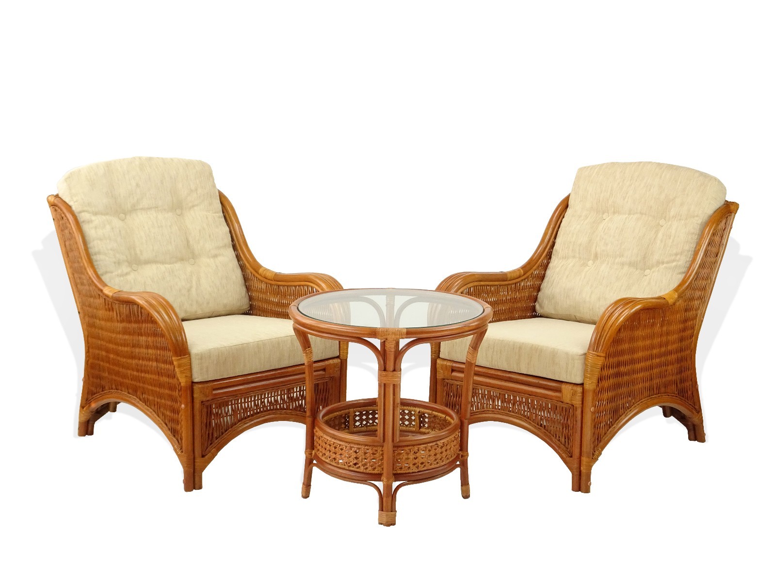 Living Jam Set of 2 Lounge Rattan Chairs w/Cushions and Coffee Table, Cognac