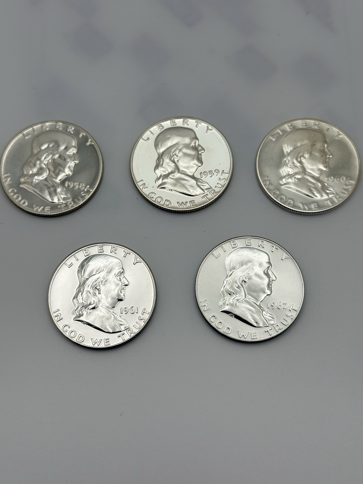 1958-1962 Franklin Silver Proof Half Dollar 5-Coin Date Run 90% Silver