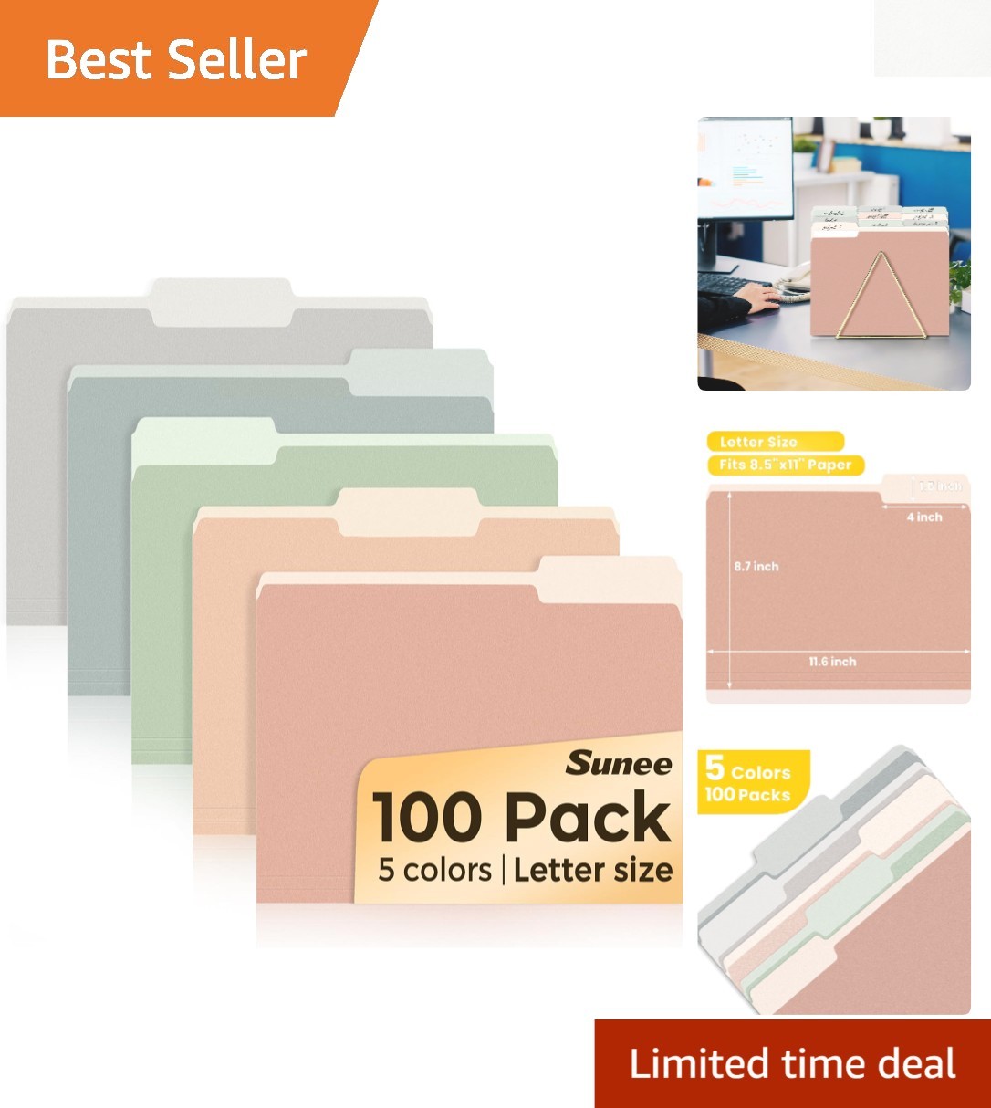 Colorful 100 Pack Manila File Folders - 1/3-Cut Tabs for Easy Organization