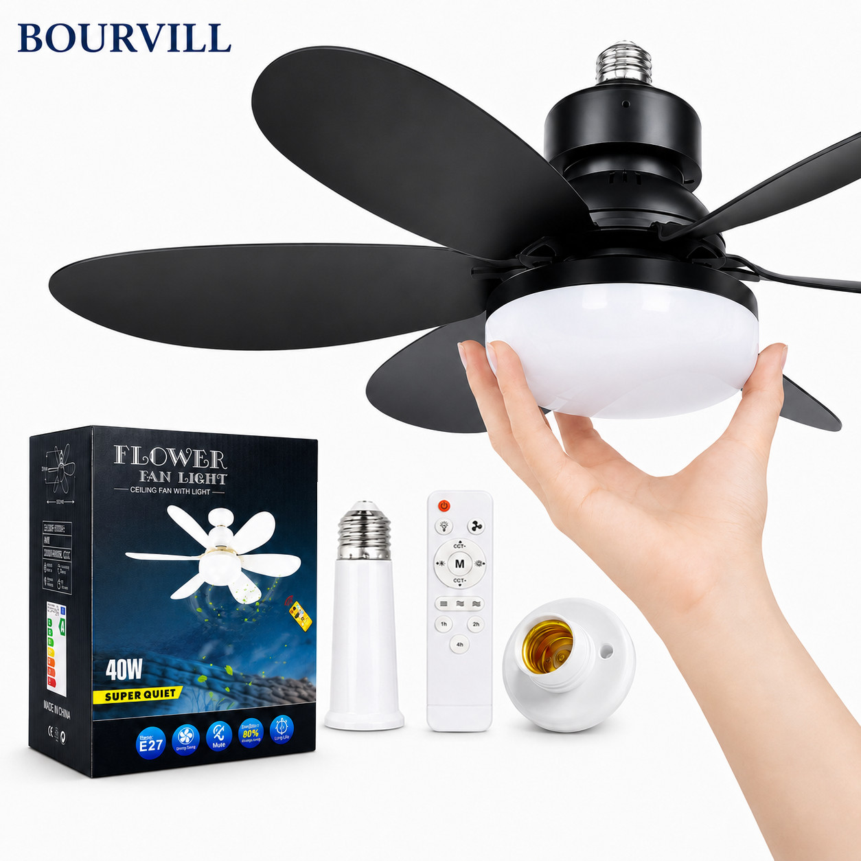 21" Socket Ceiling Fan with Light & Remote,40W Dimmable LED, E27 Screw-In Fan US