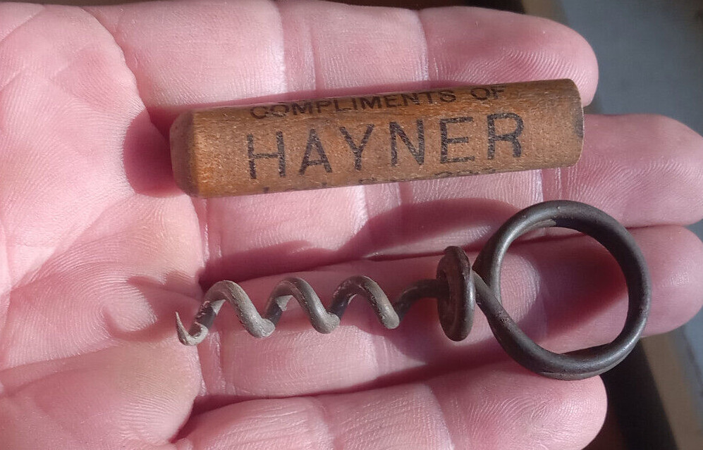 COMPLIMENTS OF HAYNER LOCK BOX 290 EARLY 1900 WHISKEY ADVERTING CORKSCREW