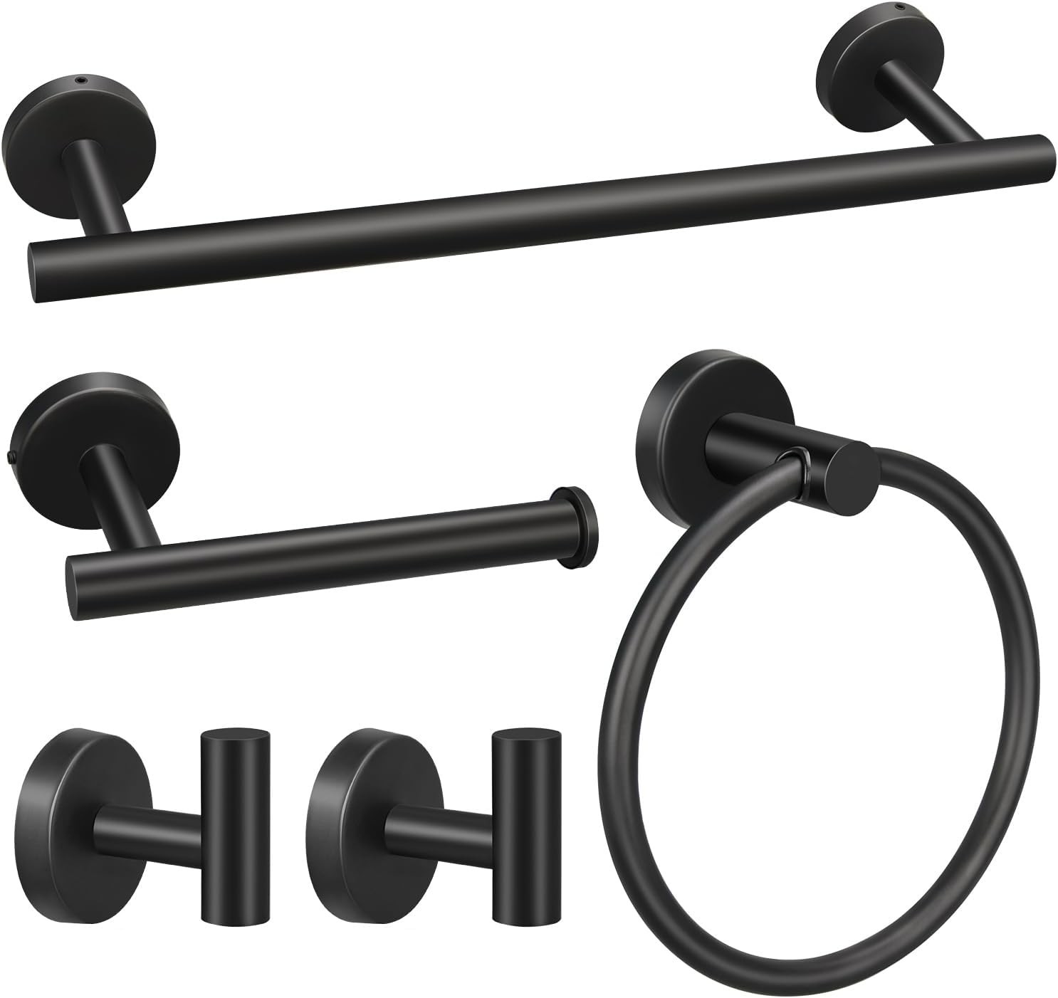 Bathroom Hardware Set, 5 Pc, 16" Black, Towel Bar Ring Holder, Robe Hooks