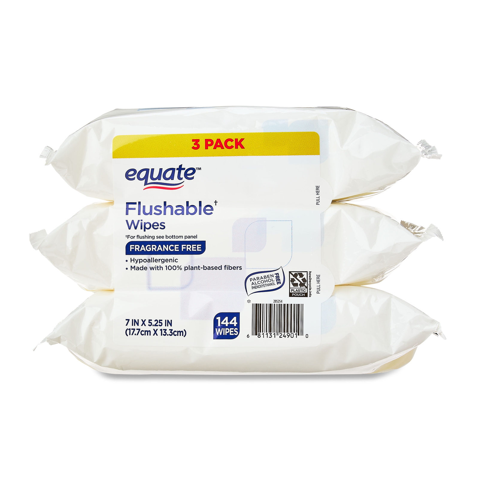 Hypoallergenic Flushable Wet Wipes, Fragrance Free, 144 Wipes, 3 Pack