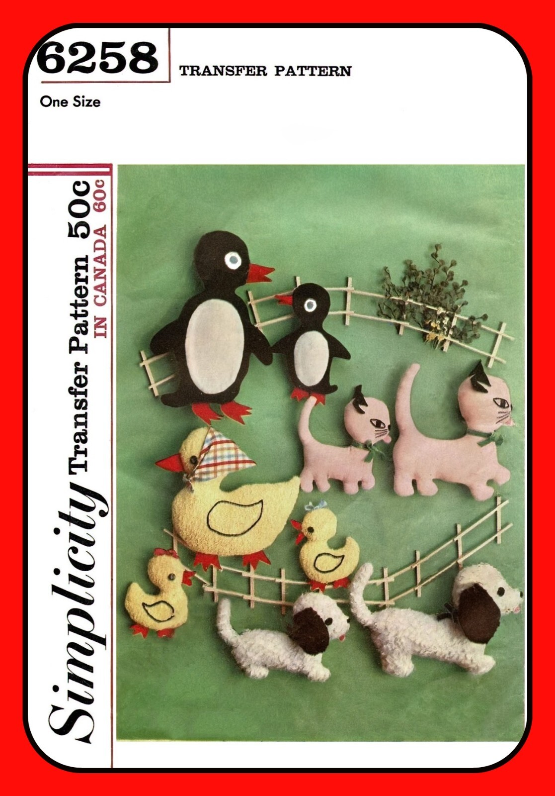 Flat Stuffed Animal Pattern PENGUIN Duck KITTEN Puppy Simplicity 6258 Vtg 1965