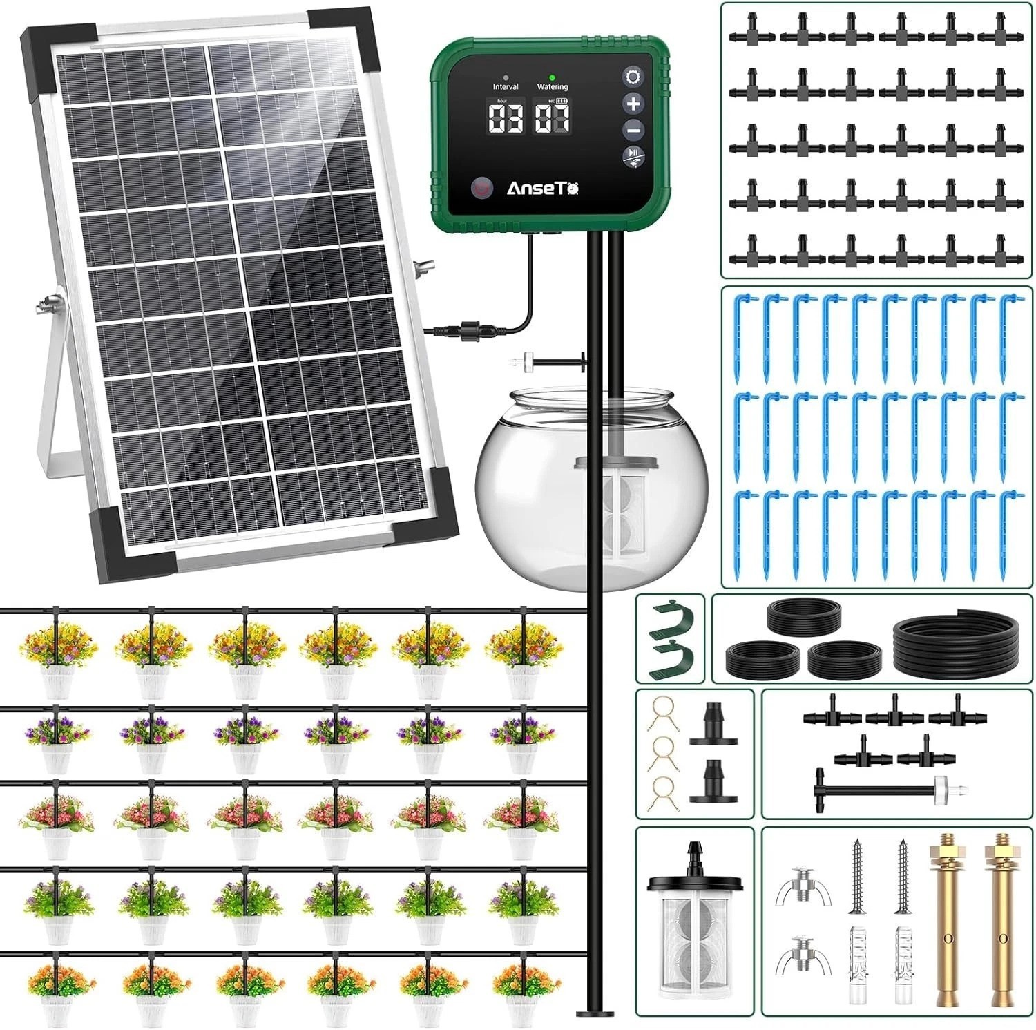 8W Solar Drip Irrigation System for Gardens, DIY Automatic Drip Kit, Supports...