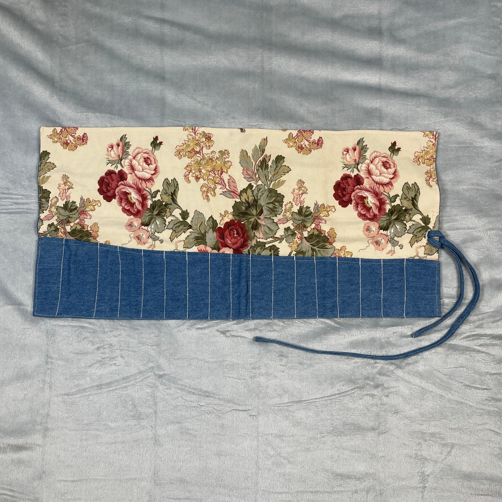 Floral Print Denim Roll Up Paint Brush Jewelry Make Up Organizer Pouch Holder