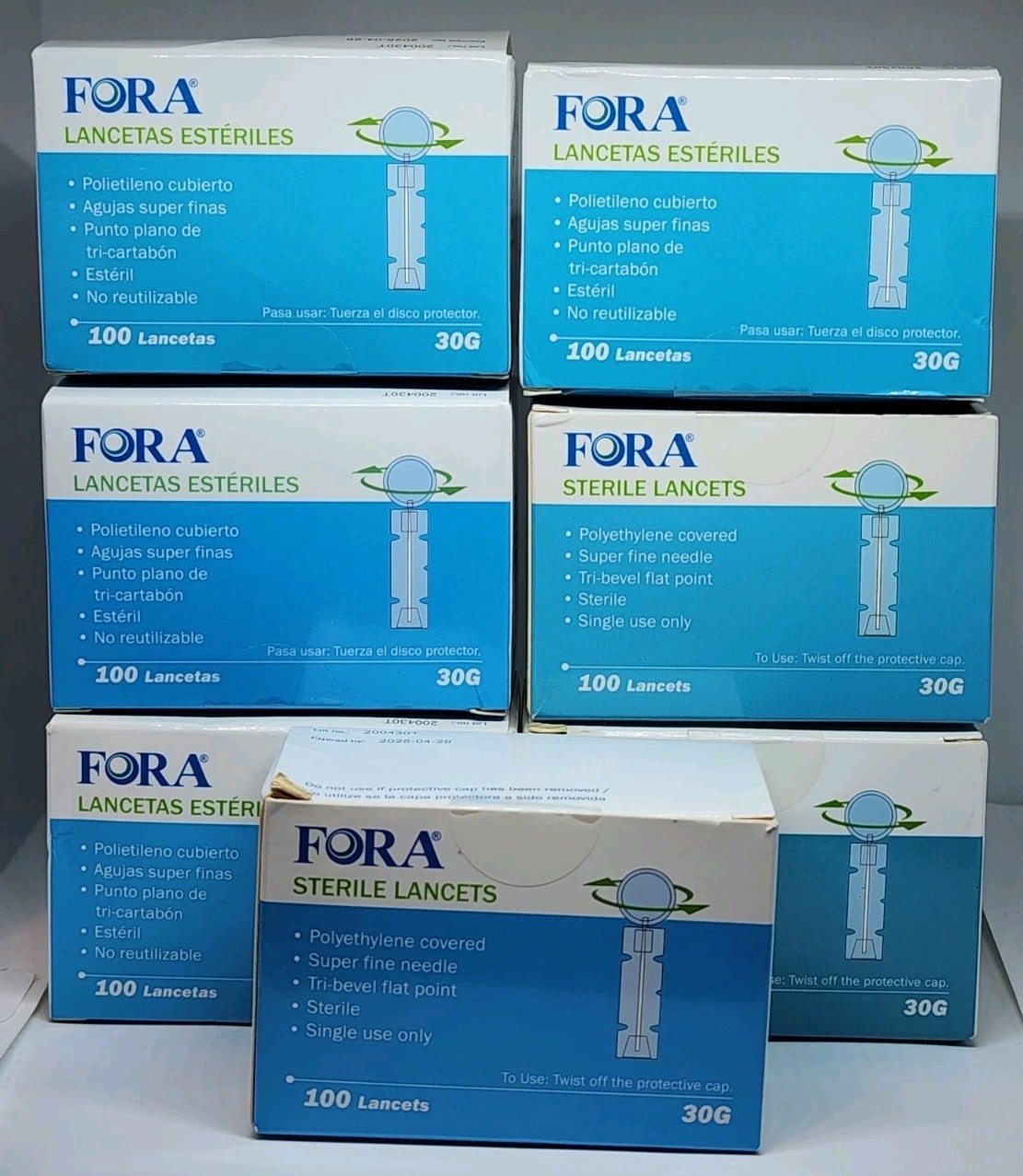FORA Sterile Lancets 30G Super Fine Tri-Bevel Tip 8 Boxes 800 Lancets Exp. 2026
