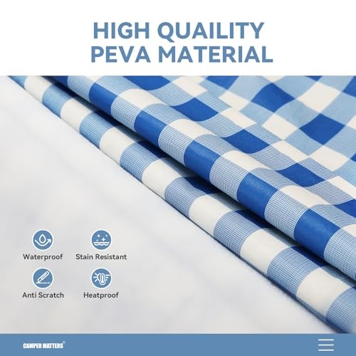 Picnic Table Cover and Bench Covers, Fitted Tablecloth 96 Inches Blue & White