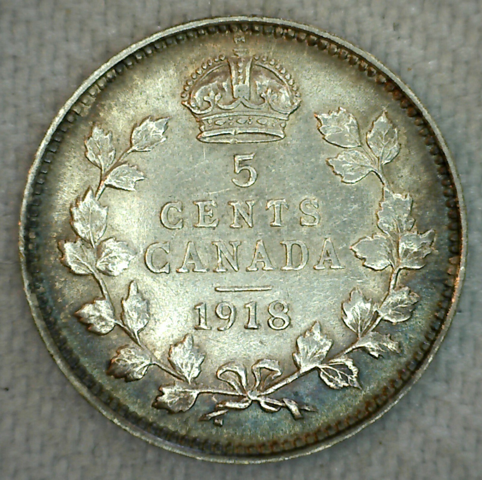 1918 Canada Five Cents AU Coin Silver Almost Uncirculated 5c
