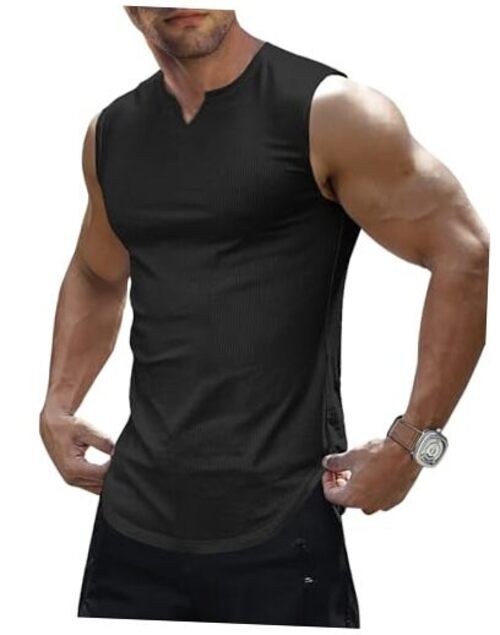 Men's Ribbed Tank Tops Knit Sleeveless Workout T Shirt Muscle Large 01 Black