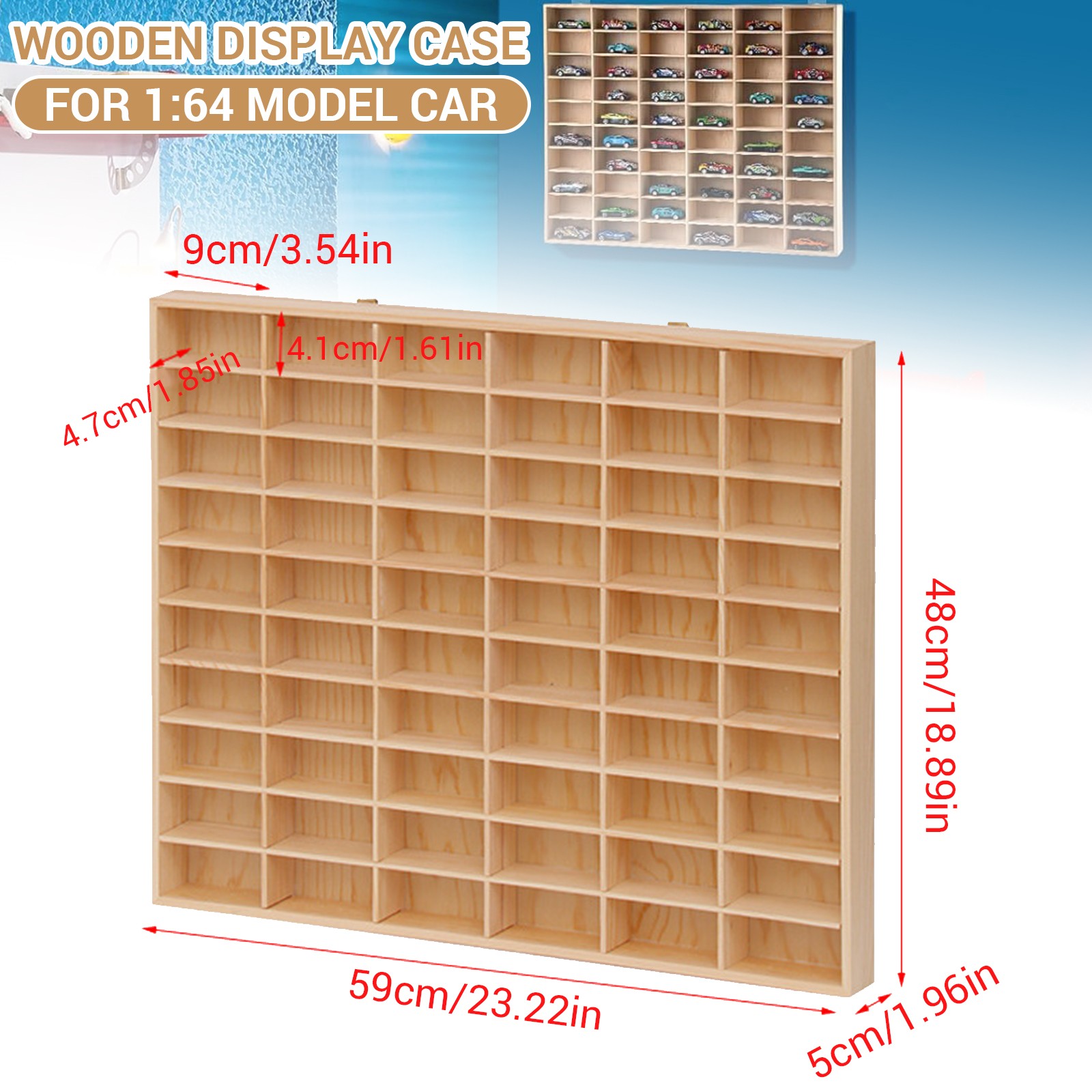 Wooden 1:64 Diecast Cars Display Case Storage Cabinet 60 Cars 1/64 Scale Car