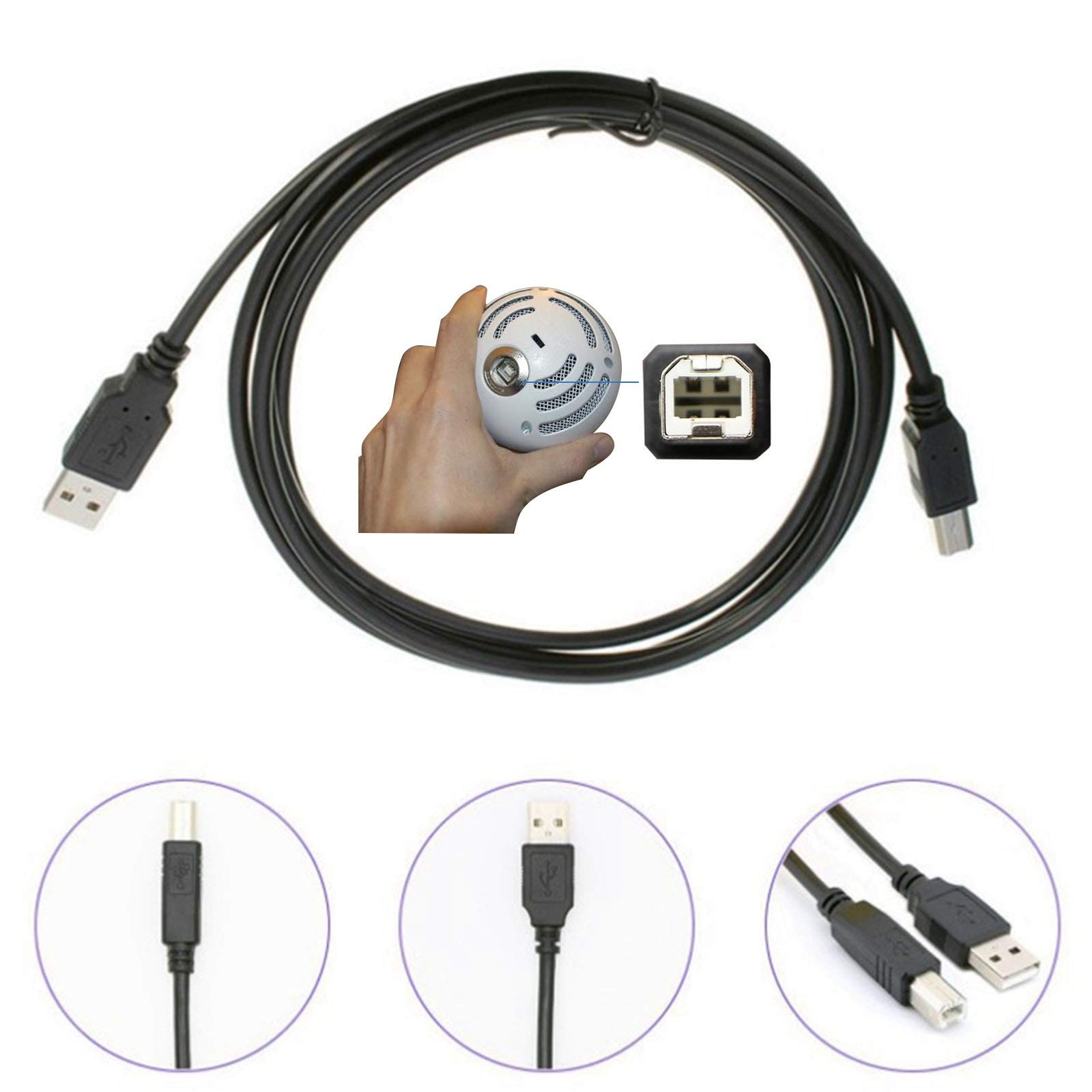 Blue Snowball MIC Microphone Replacement USB-A to USB-B 2.0 Cable - Power Cor...