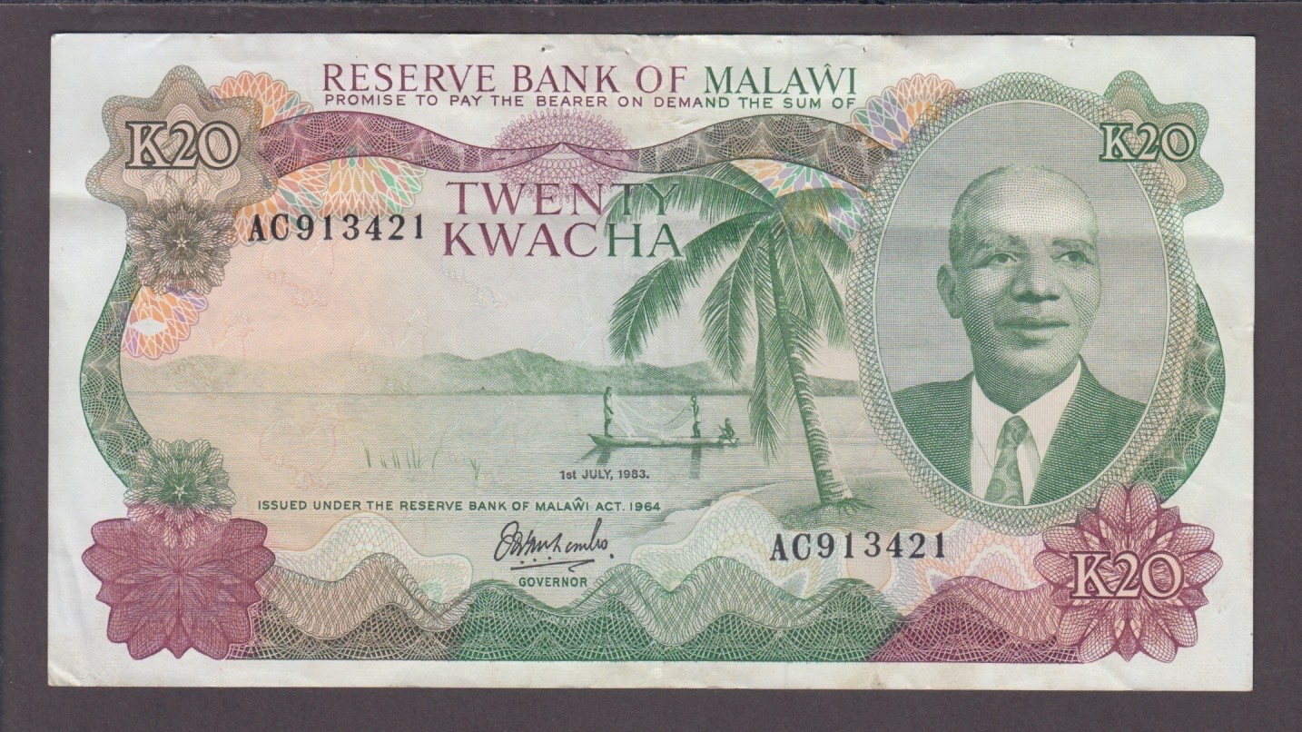 MALAWI P.17a-3421  20 KWACHA 1.7.1983 PFX AC  VF STAPLE HOLES  WE COMBINE 2512