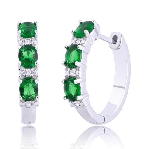925 Sterling Silver Round Gemstone and Diamond Hoop Earrings
