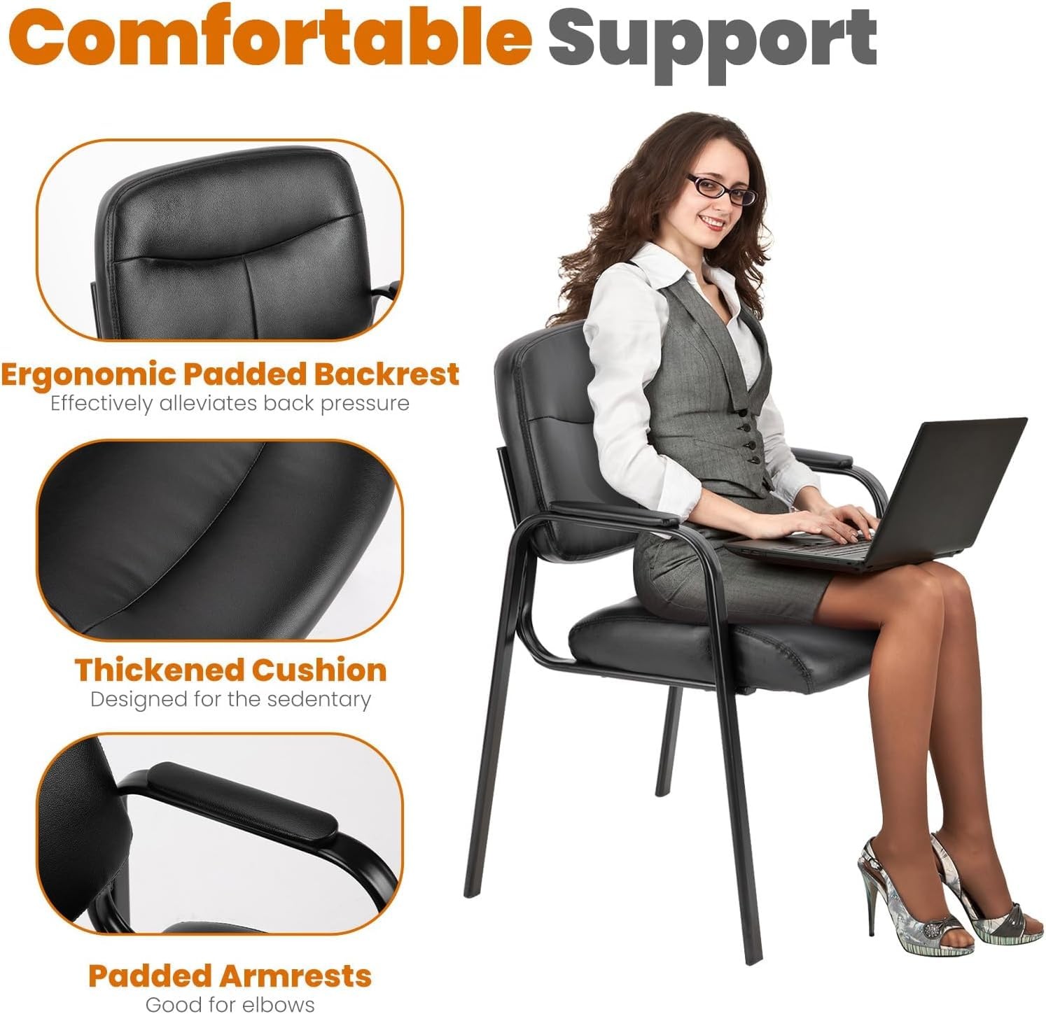 Office Reception Guest Chair No Wheels Set of 2, Leather Stationary Waiting R...