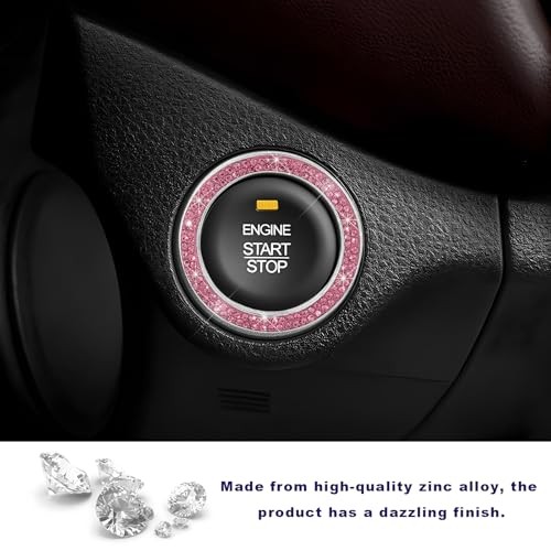 2PCS Car Bling Engine Start Ring Decal, Crystal Auto Push Start Button Pink