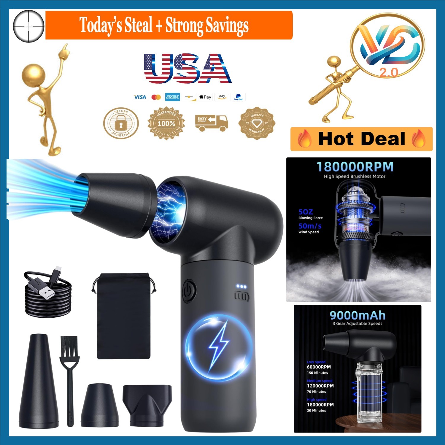 3-Gear Portable Air Duster 180000RPM Battery-Powered Blower for Car & Compute...