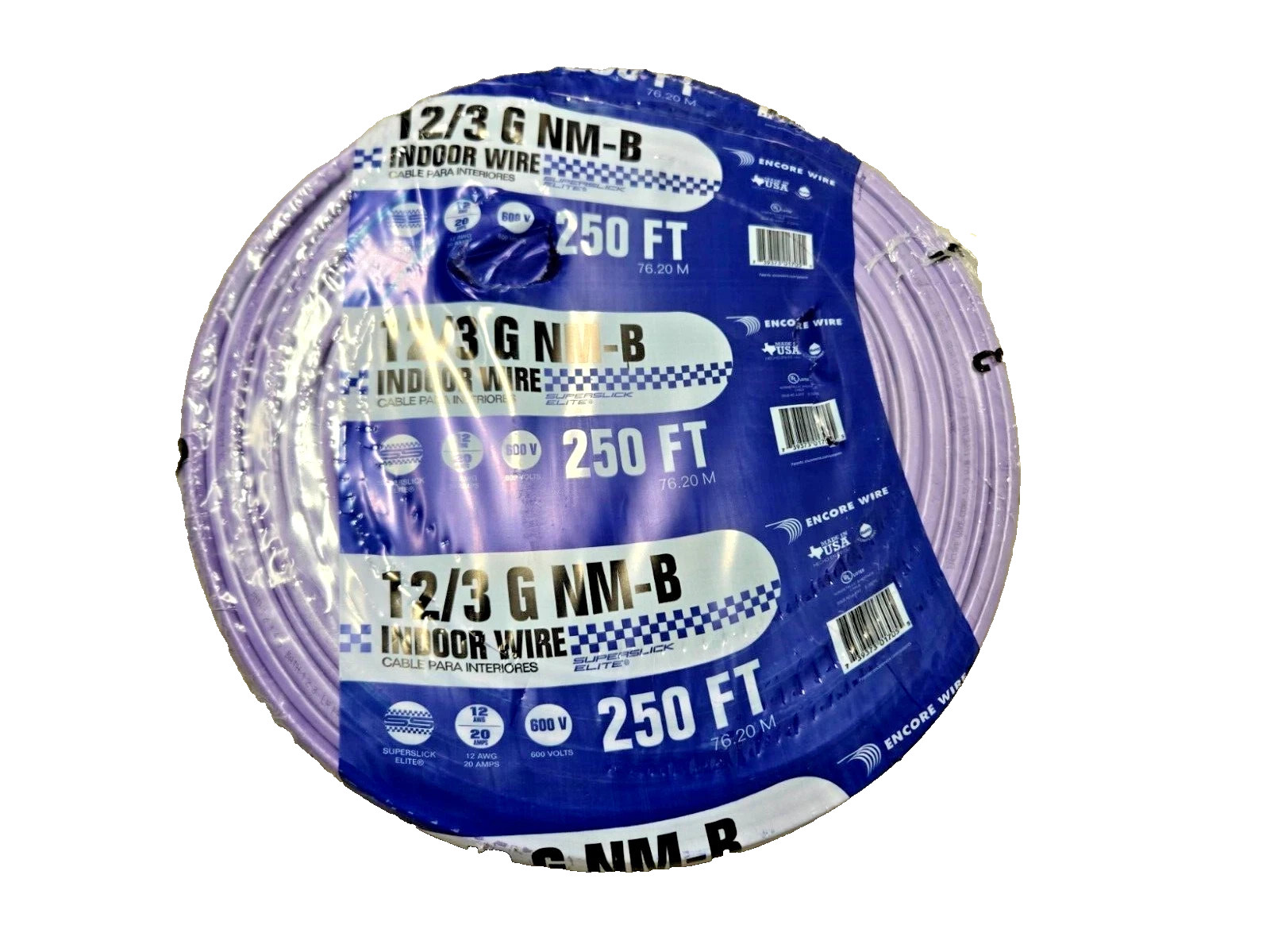 ENCORE WIRE 12/3 W/ G 250ft NM-B SUPERSLICK ELITE INDOOR WIRE NEW (ROMEX EQUAL)