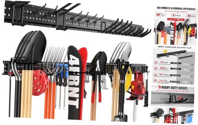 Garage Tool Organizer Wall Mount 64 inches with 13 64" | 4 Panels + 13 Hooks