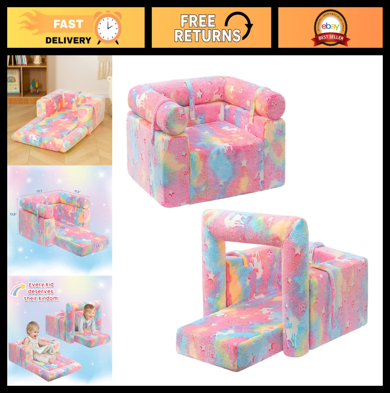 2-in-1 Flip Detachable Kids Sofa, Toddler Reading Couch, Cuddly Unicorn Design