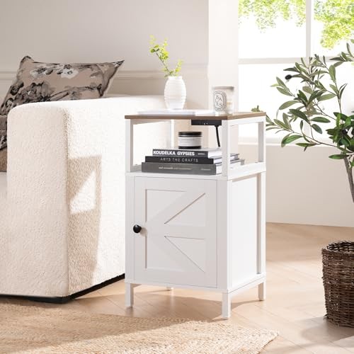 Farmhouse Nightstand with Charging Station, Wood Night Stand End with White
