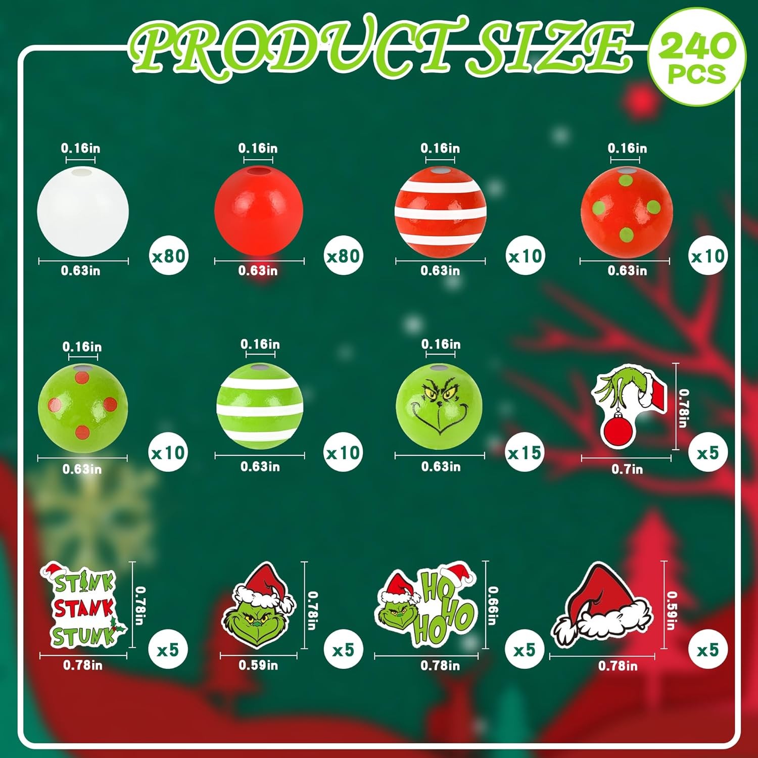 Wooden Christmas Beads - 240 Decorative Red Green Round Craft Beads
