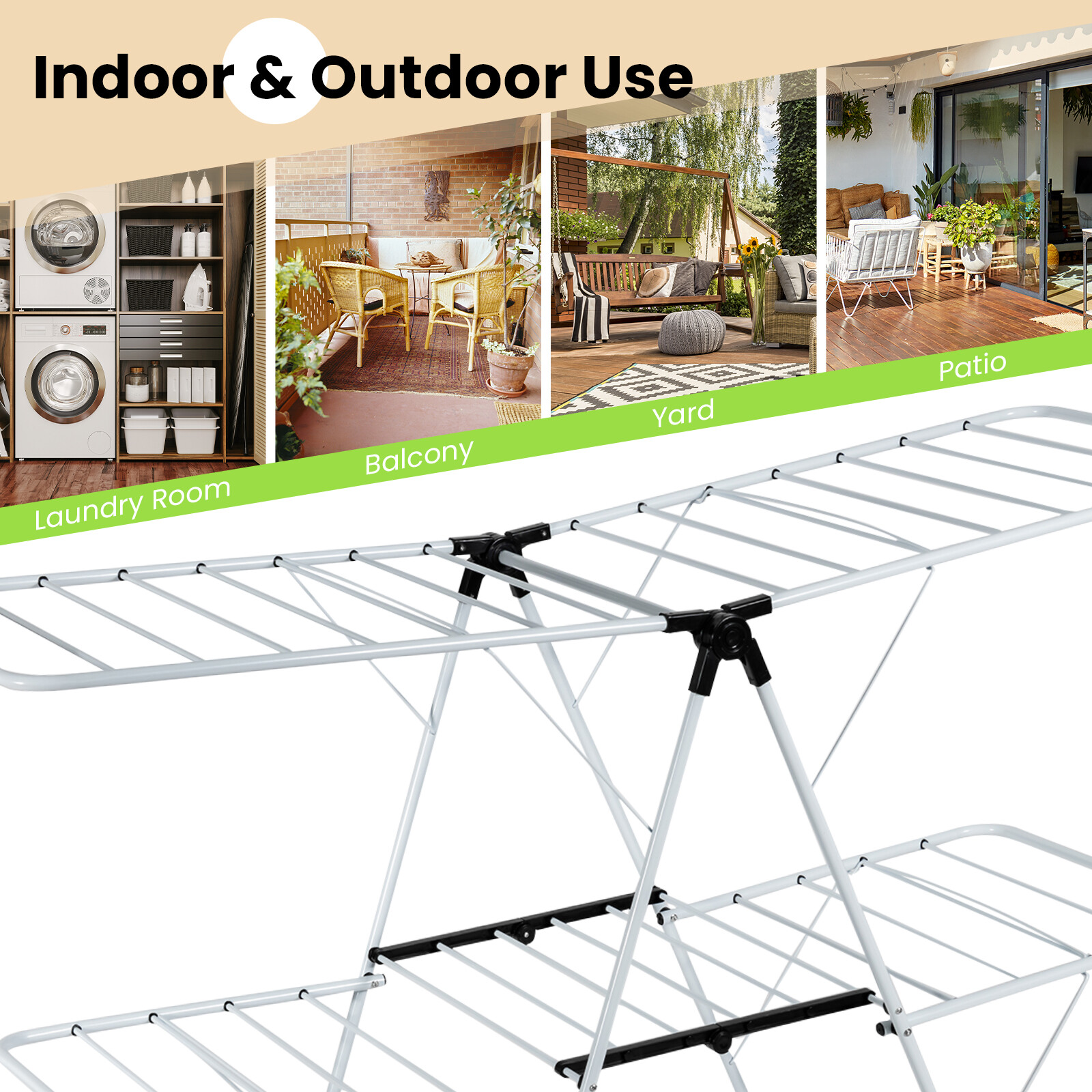2-Tier Foldable Clothes Drying Rack 2-Level Garment Hanger w/Adjustable Gullwing