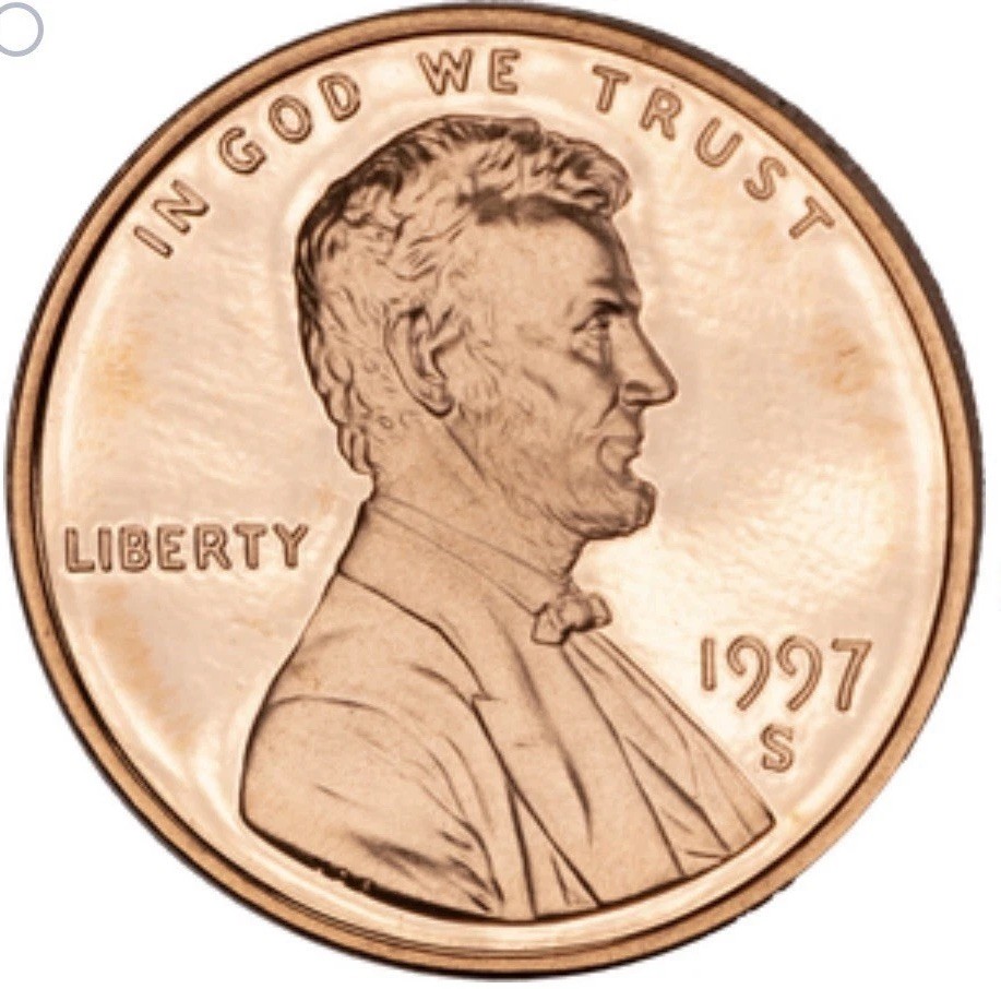 1997-S Lincoln Cent Gem Cameo PROOF Penny Cent Coin is a beautiful coin!