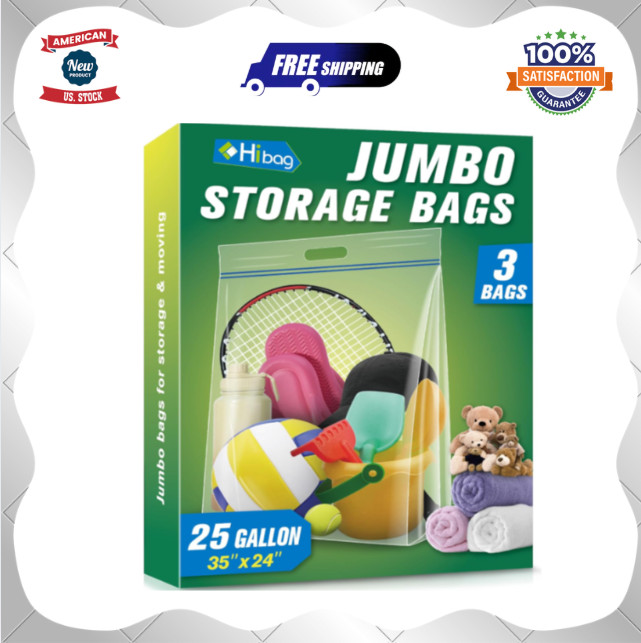 25 Gallon Jumbo Storage Bags, 35” X 24” Resealable Clear Bags, Pack of 3