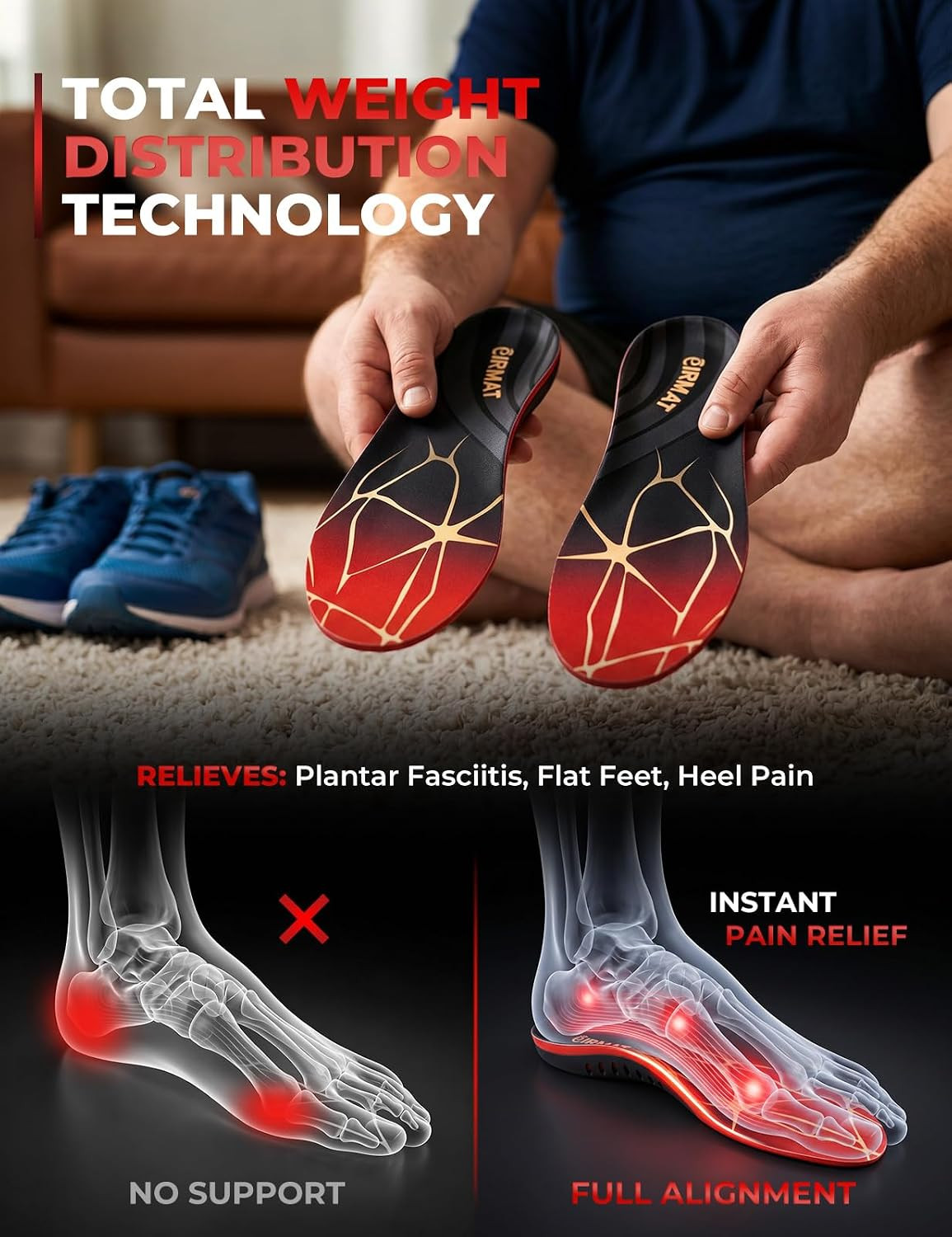 Plantar Fasciitis High Arch Support Insoles: Arch Support Inserts for Men - Work