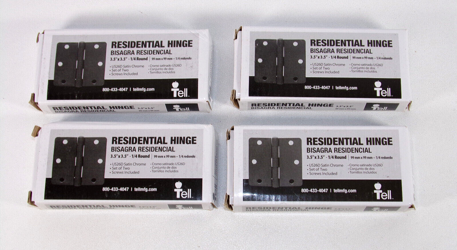 TELL Residential Hinges 3.5" x 3.5" - 1/4 Round, US26D Satin Chrome (set of 8)