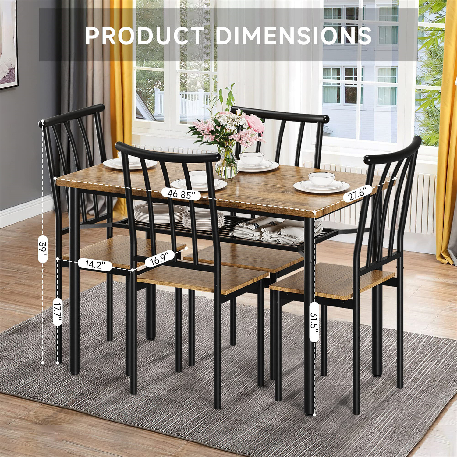 5 Piece Dining Table Set for 4 Kitchen Table and Chairs with Storage Rack Wood