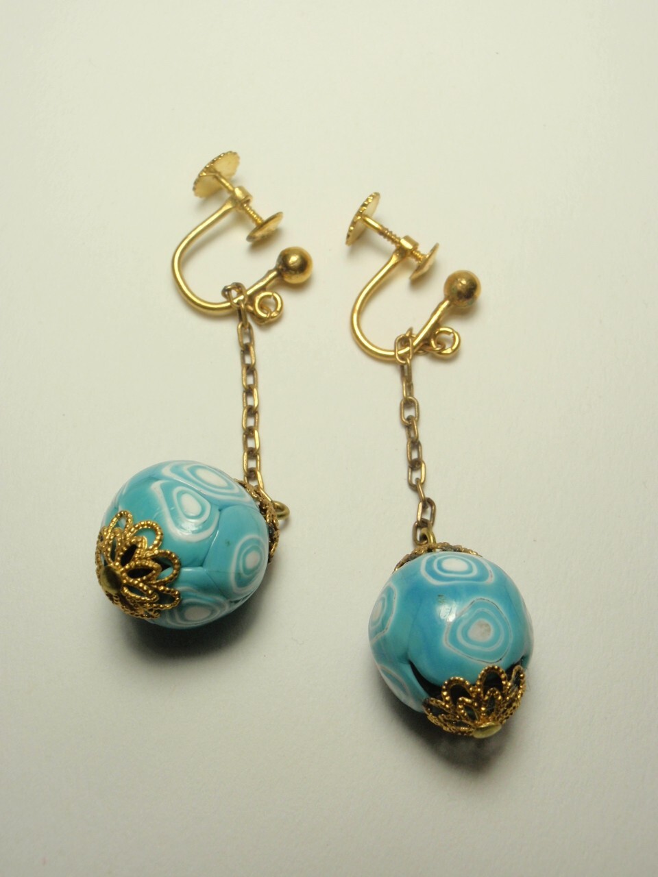 Vintage Italy Blue Clay Millefiore Dangle Screwback Earrings