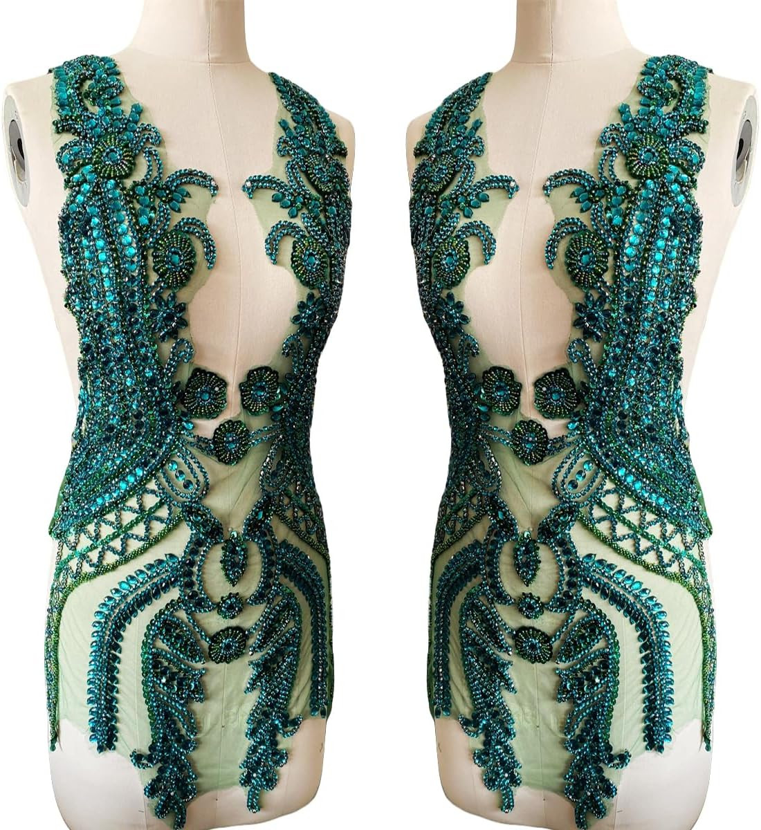 Deep Green Handmade Rhinestone Lace Applique Trim Patch for Dress 17.7x31.8in
