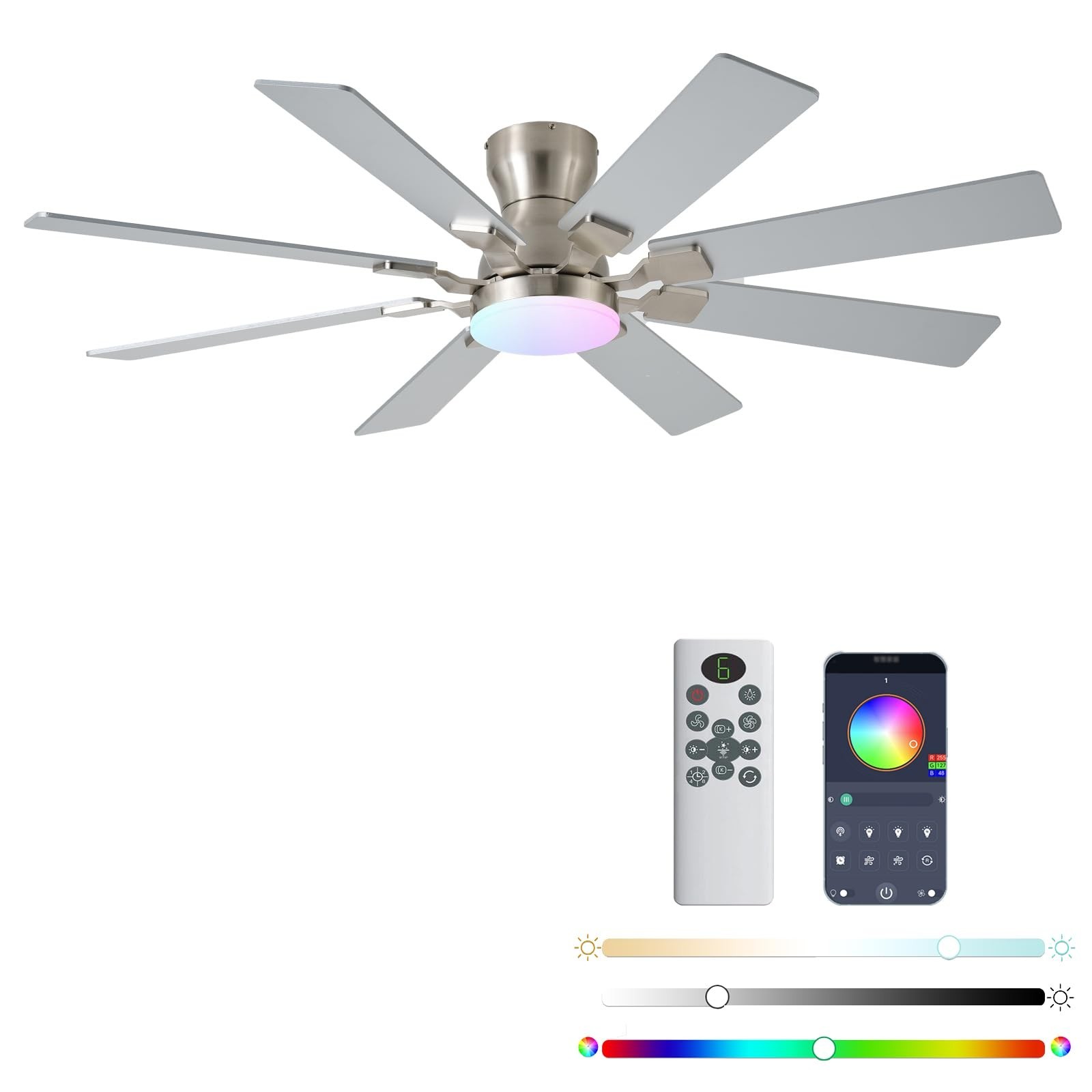 JSAITEE 52 Inch Ceiling Fan Light, 6 Speeds Reversible Profile Ceiling Fan