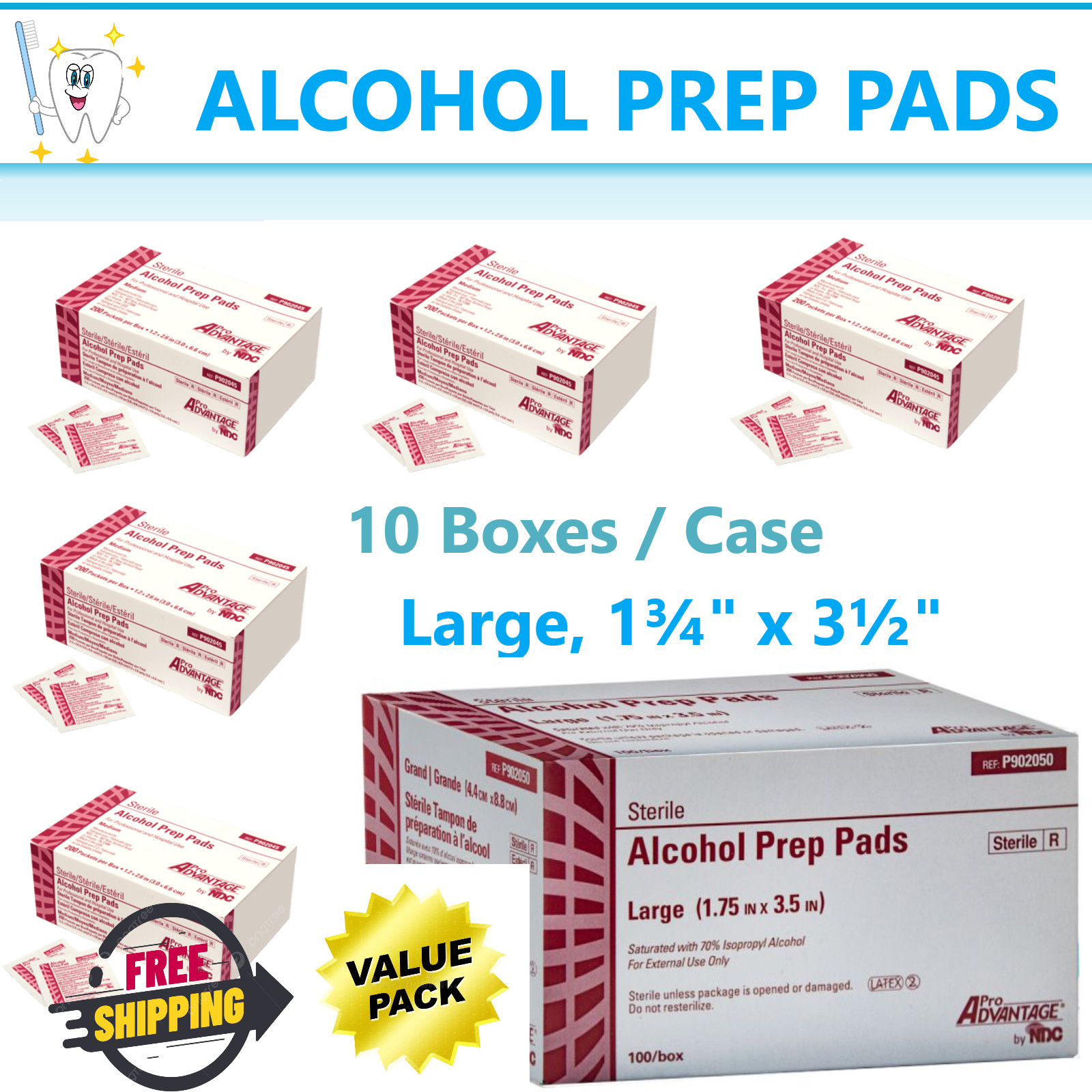 Alcohol Prep Pads, Sterile 2-Ply, Large, 1¾" x 3½",  1000/cs Pad PRO ADVANTAGE