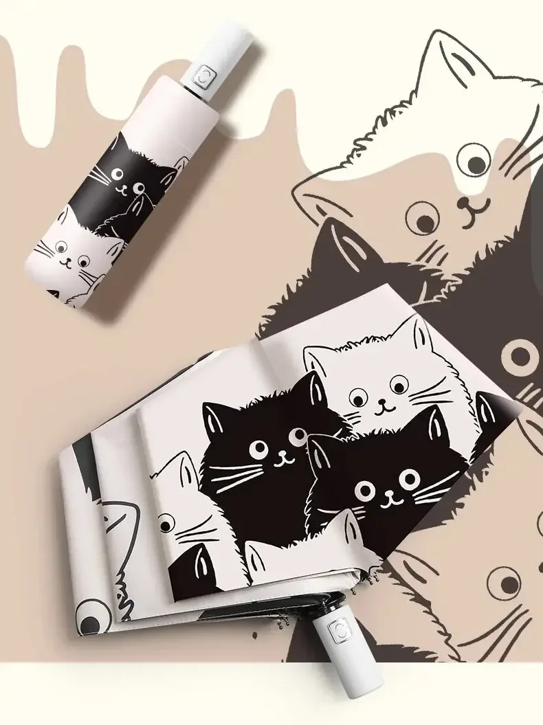 1pc Simple Cartoon Kittens Printed Black And White Automatic Umbrella, Sunny